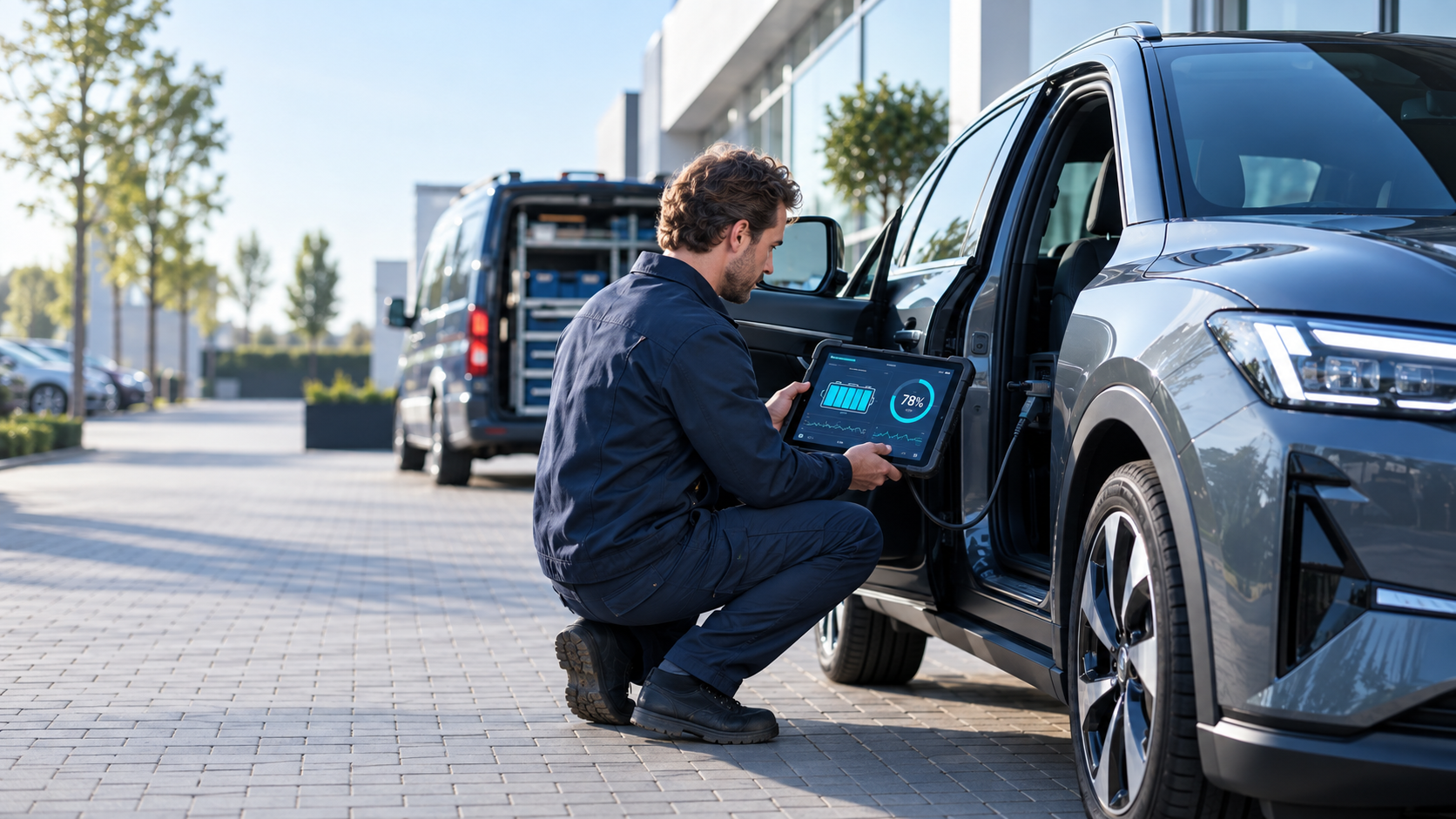 Specialist voert met diagnoseapparatuur een SOH-meting uit bij een elektrische auto